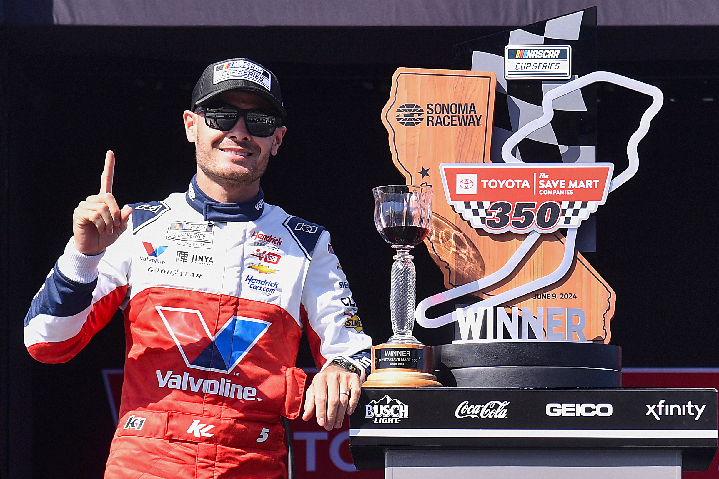 Credit: SONOMA, CALIFORNIA – JUNE 09: Kyle Larson, driver of the #5 Valvoline Chevrolet, celebrates in victory lane after winning the NASCAR Cup Series Toyota/Save Mart 350 at Sonoma Raceway on June 09, 2024 in Sonoma, California. (Photo by Logan Riely/Getty Images